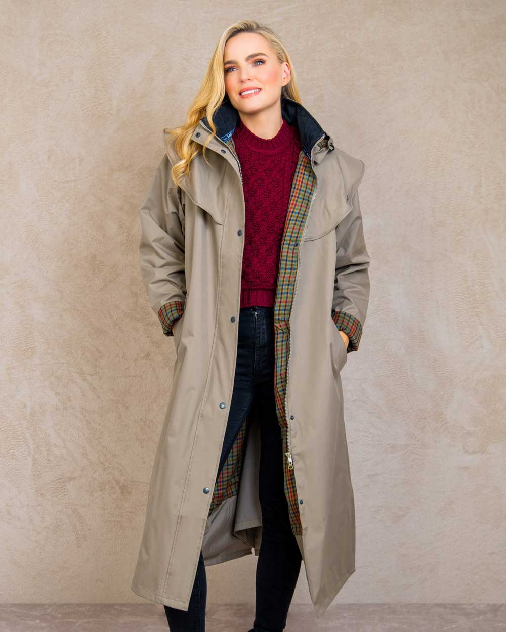 Chinchilla coloured Jack Murphy Malvern Ladies Waterproof Bush Coat on wall background