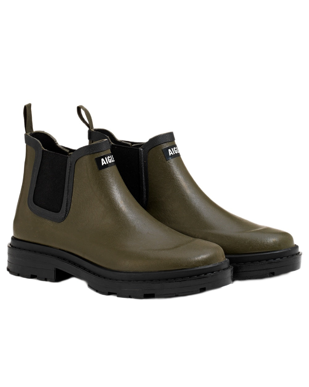 Khaki coloured Aigle Chelsea Rain Ankle Boots on white background