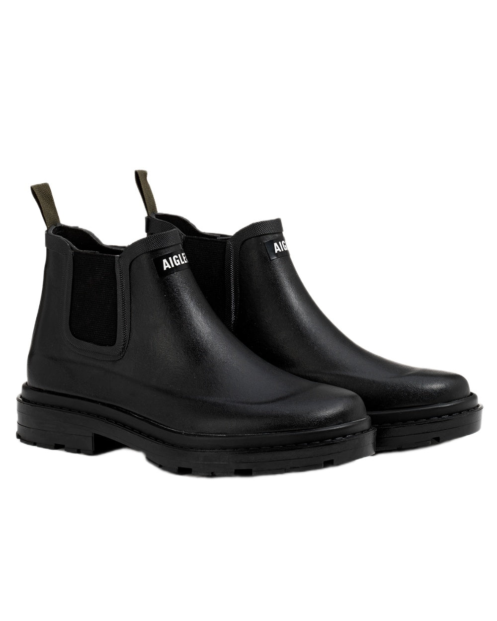 Noir coloured Aigle Chelsea Rain Ankle Boots on white background