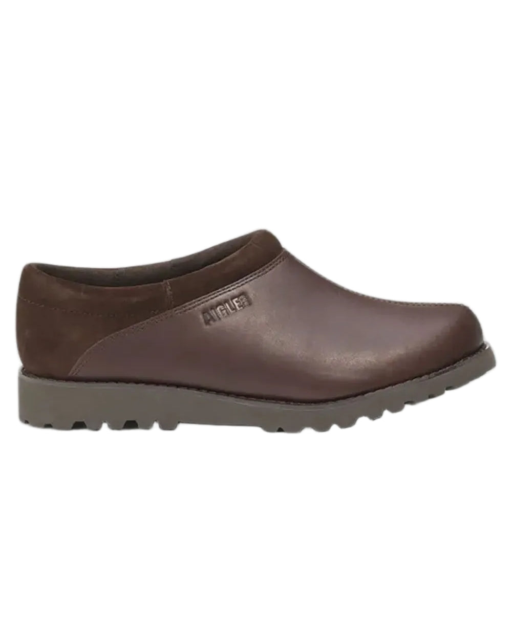 Dark Brown coloured Aigle Mens Basilo High Ultra Light Leather Clogs on white background