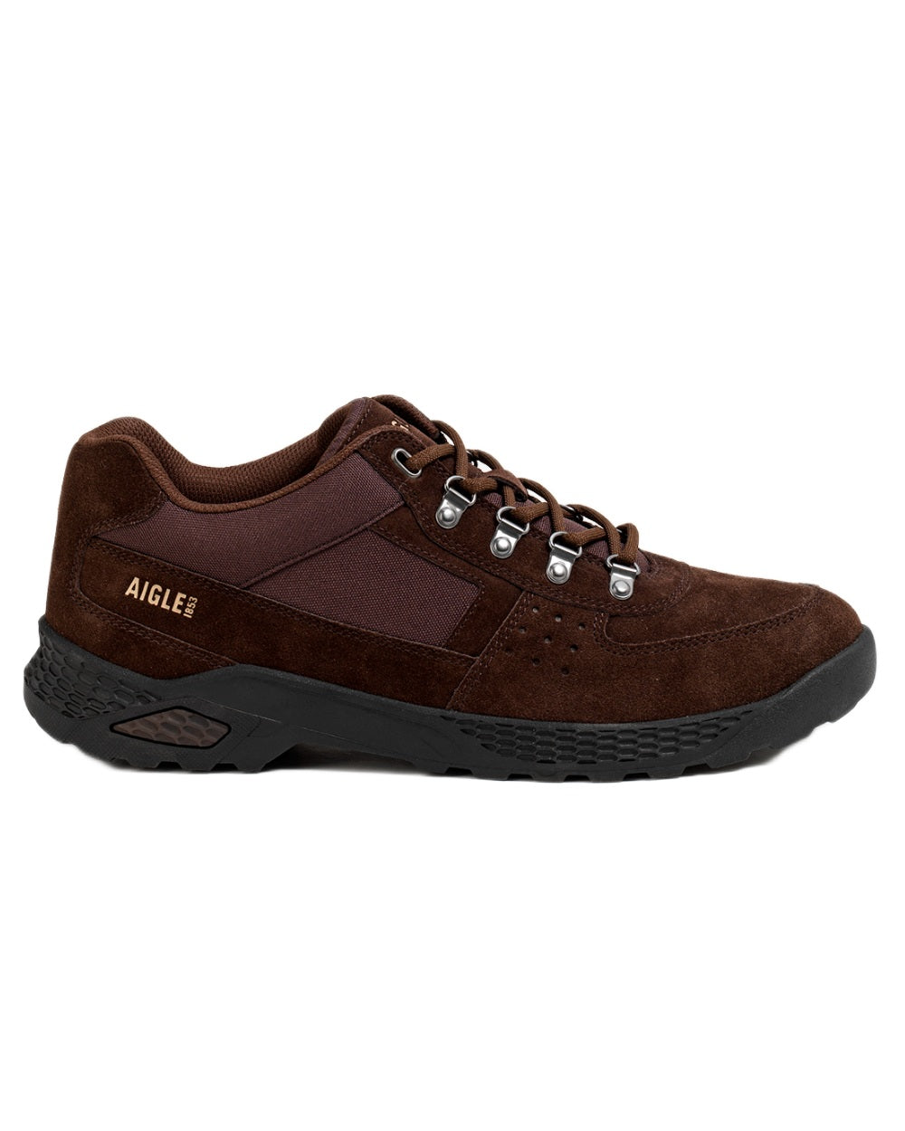 Brown coloured Aigle Mens Dolik Suede Leather Walking Shoes on white background