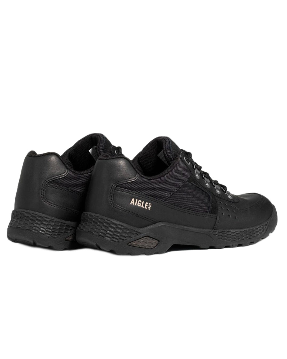 Noir coloured Aigle Mens Dolik Hiking Shoes on white background