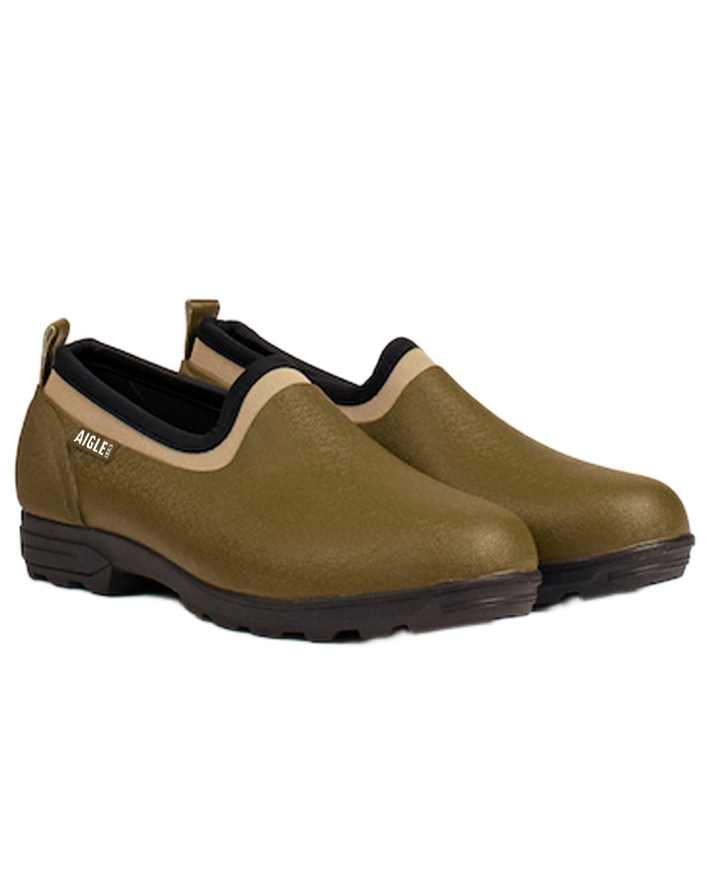 Khaki coloured Aigle Mens Lessfor Dual-Material Closed Clogs on white background