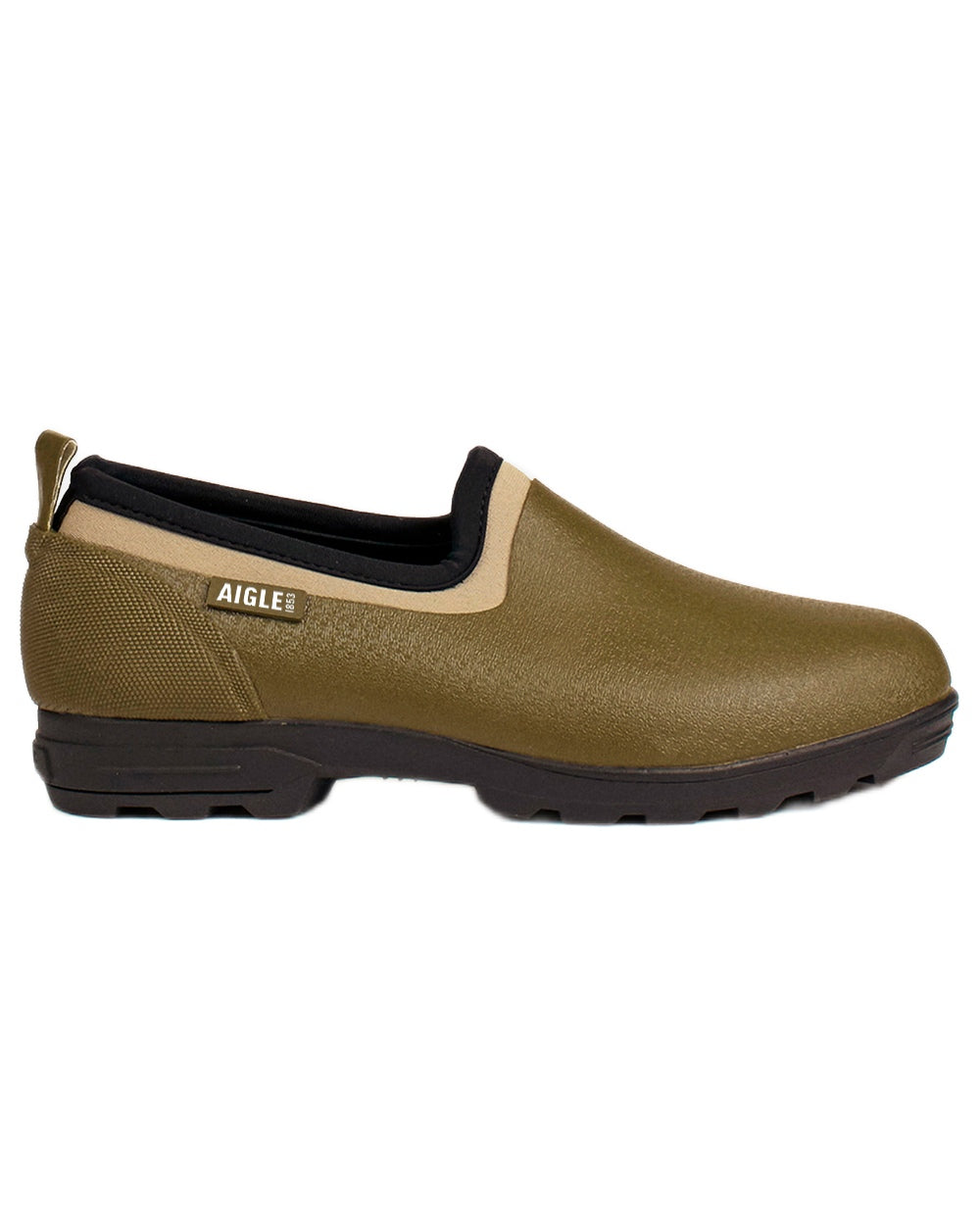 Khaki coloured Aigle Mens Lessfor Dual-Material Closed Clogs on white background