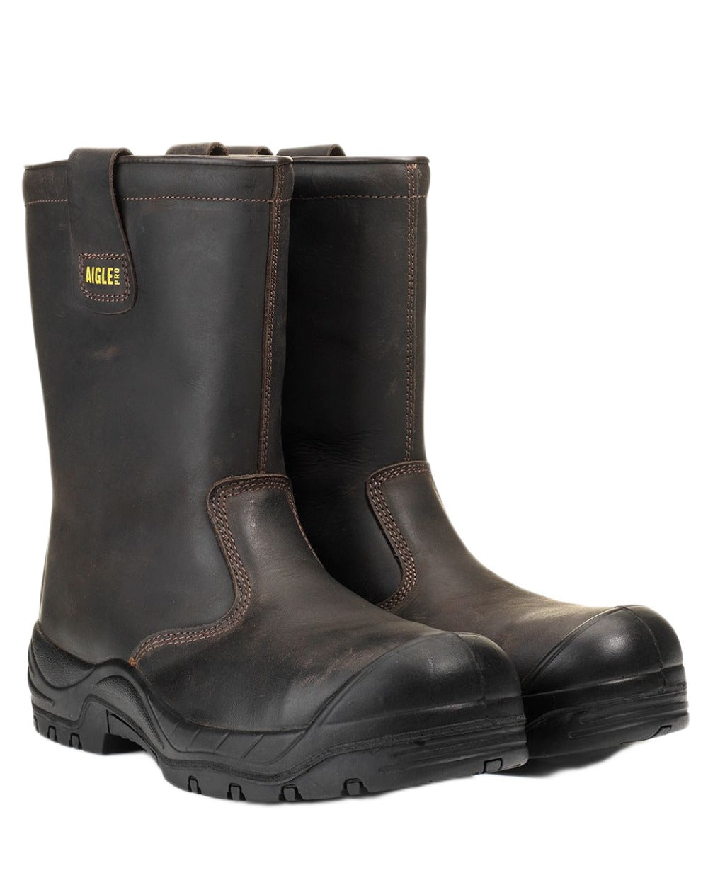 Dark Brown coloured Aigle Mens Iolar S3 Waterproof Insulated Leather Safety Boots on white background