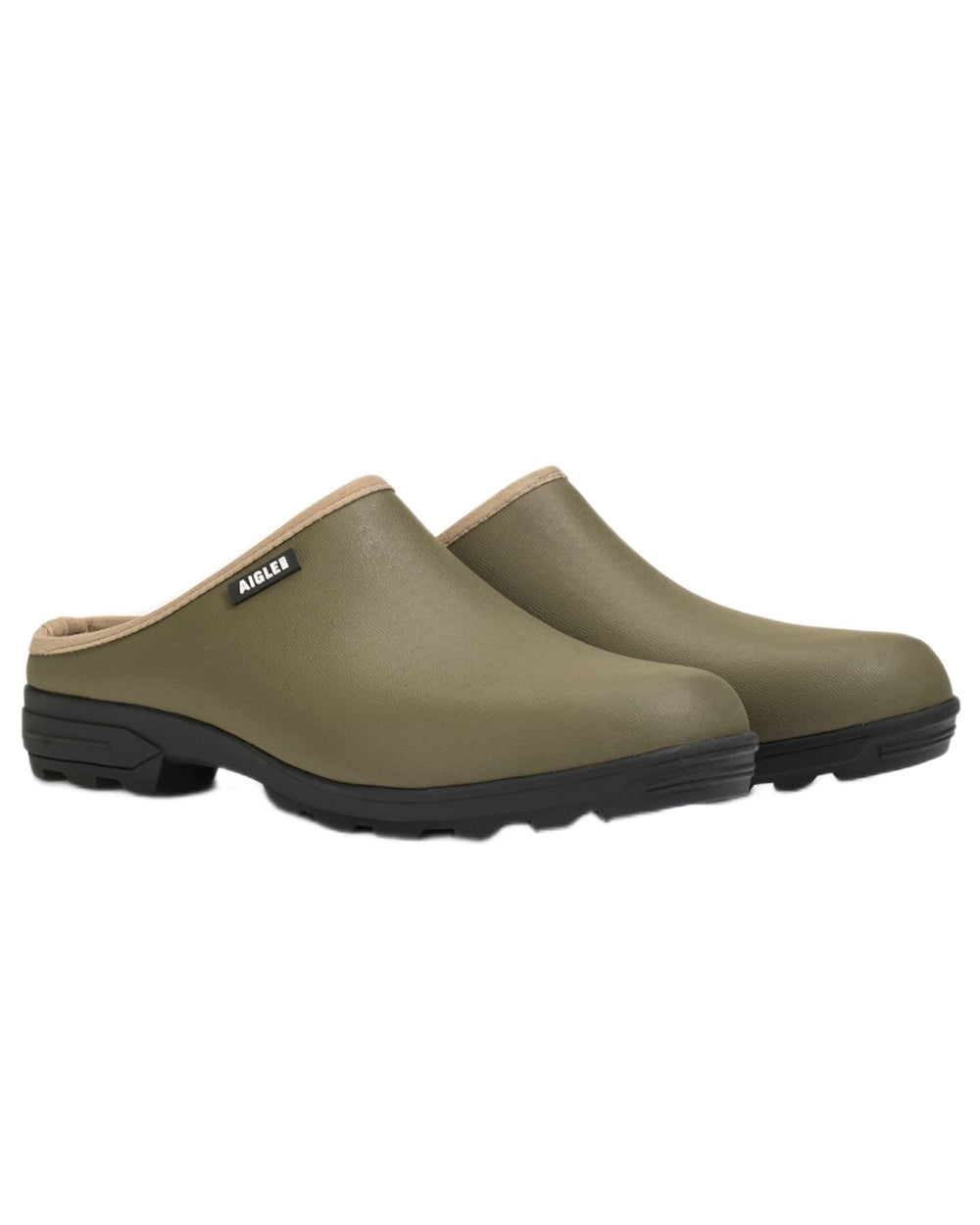Khaki coloured Aigle Mens Lessfor Dual Material Open Clogs on white background