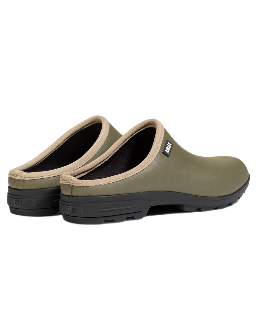 Khaki coloured Aigle Mens Lessfor Dual Material Open Clogs on white background