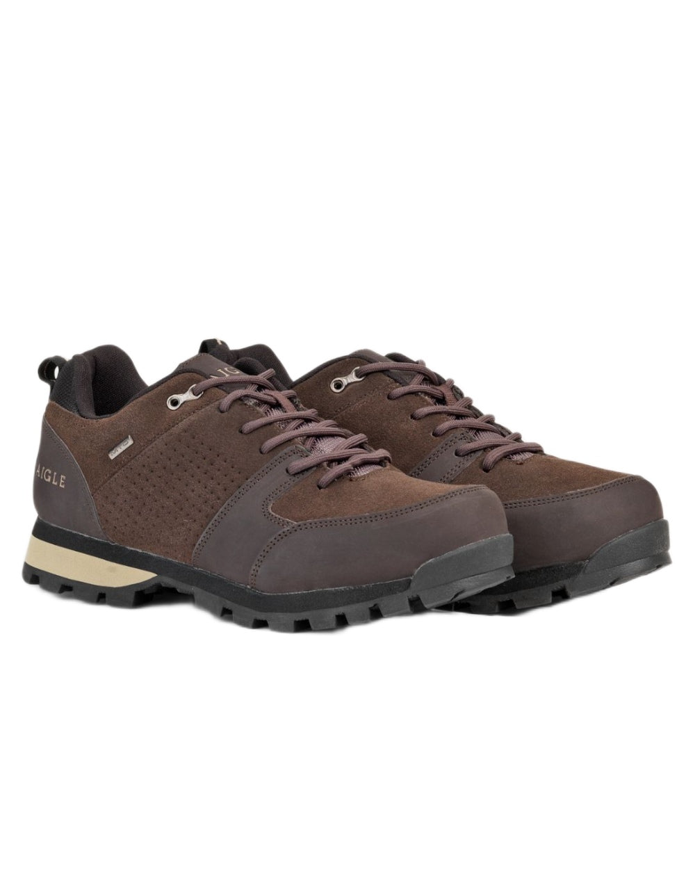 Expresso coloured Aigle Mens Plutno 2 Ultra Light Waterproof Leather Shoes on white background