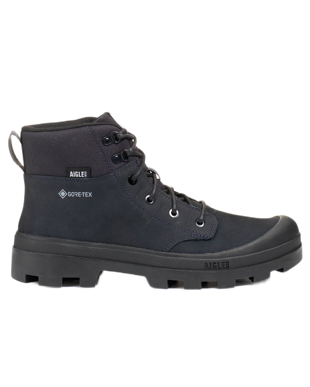 Noir coloured Aigle Mens Tenere LTR GTX Hiking Boots on white background