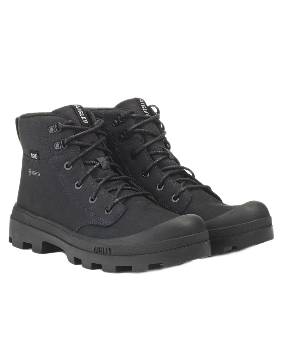 Noir coloured Aigle Mens Tenere LTR GTX Hiking Boots on white background