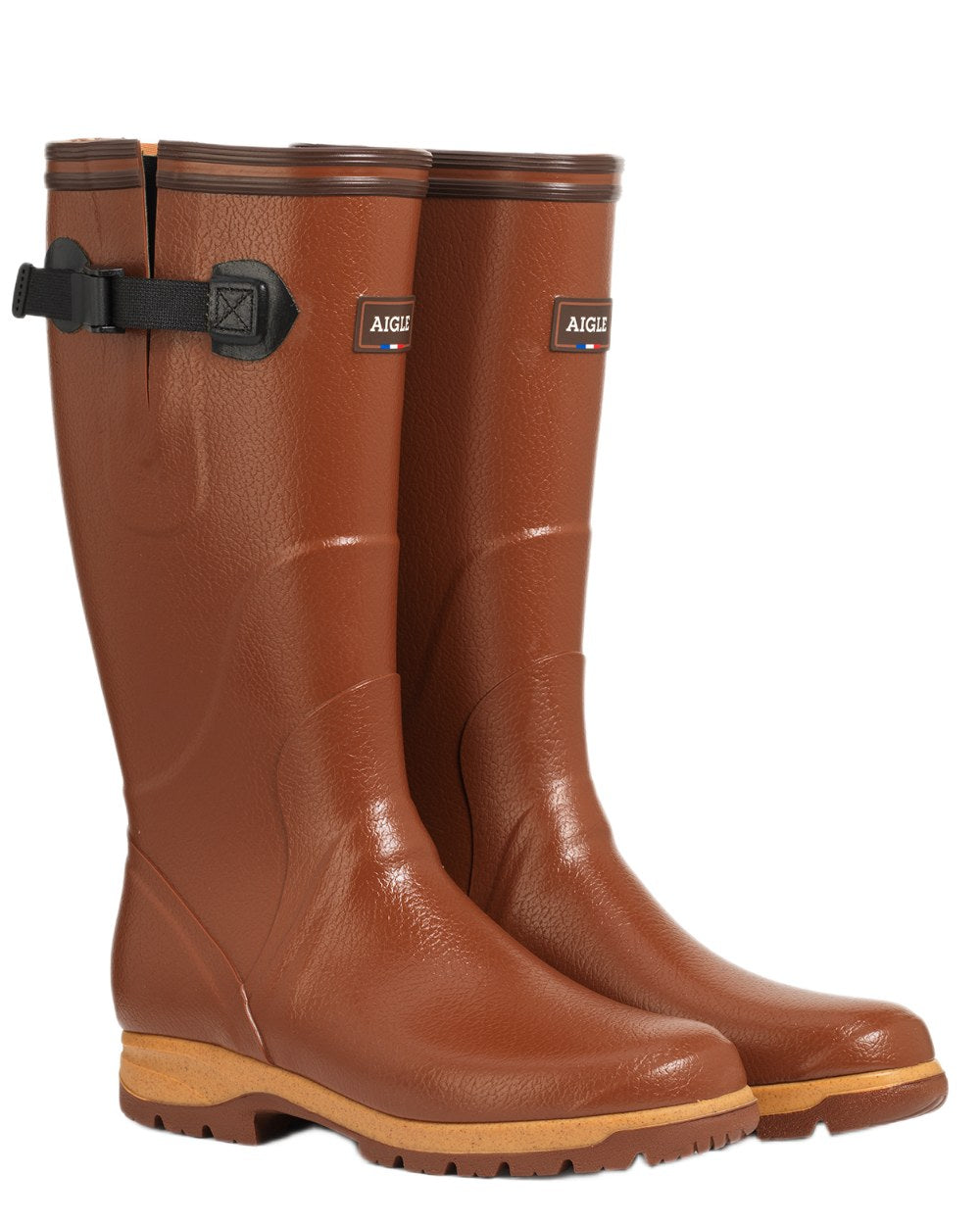 Ambre coloured Aigle Mens Terra Pro Vario Adjustable Wellingtons on white background