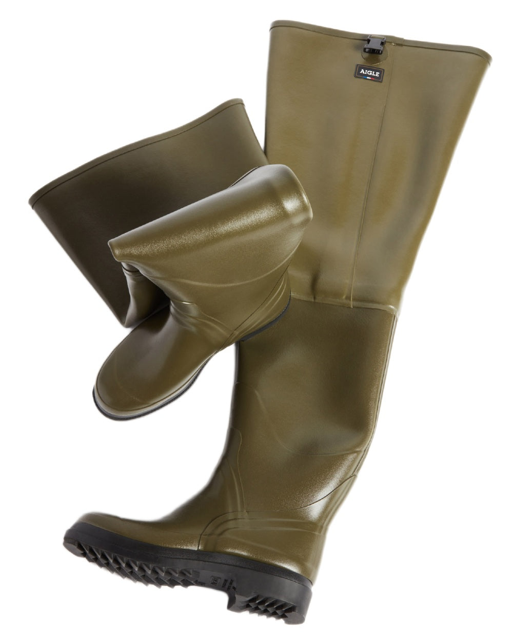 Khaki coloured Aigle Mens Truite Versatile Fishing Waders on white background