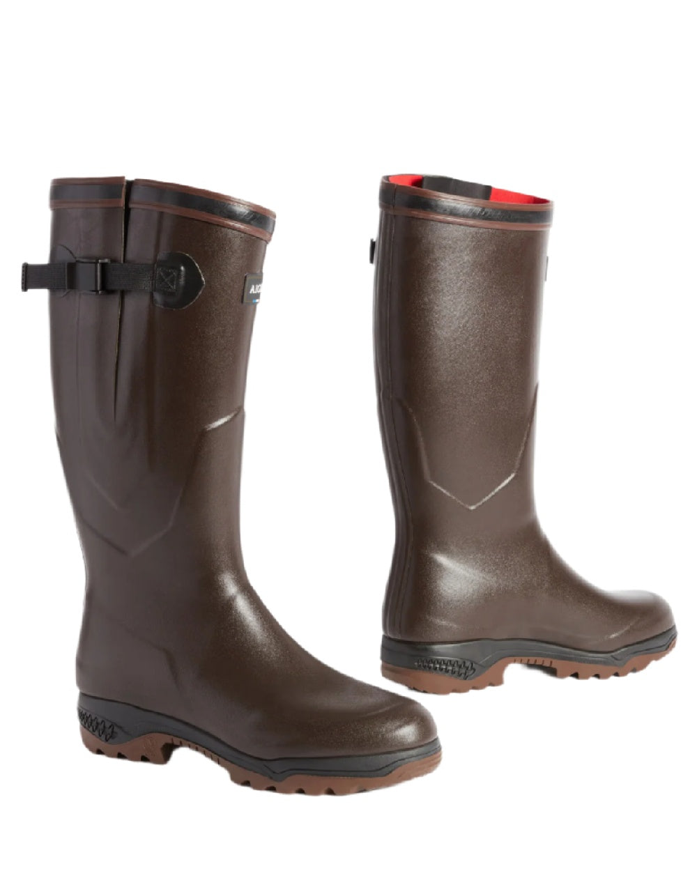 Brun coloured Aigle Parcours 2 ISO Wellington Boots on white background