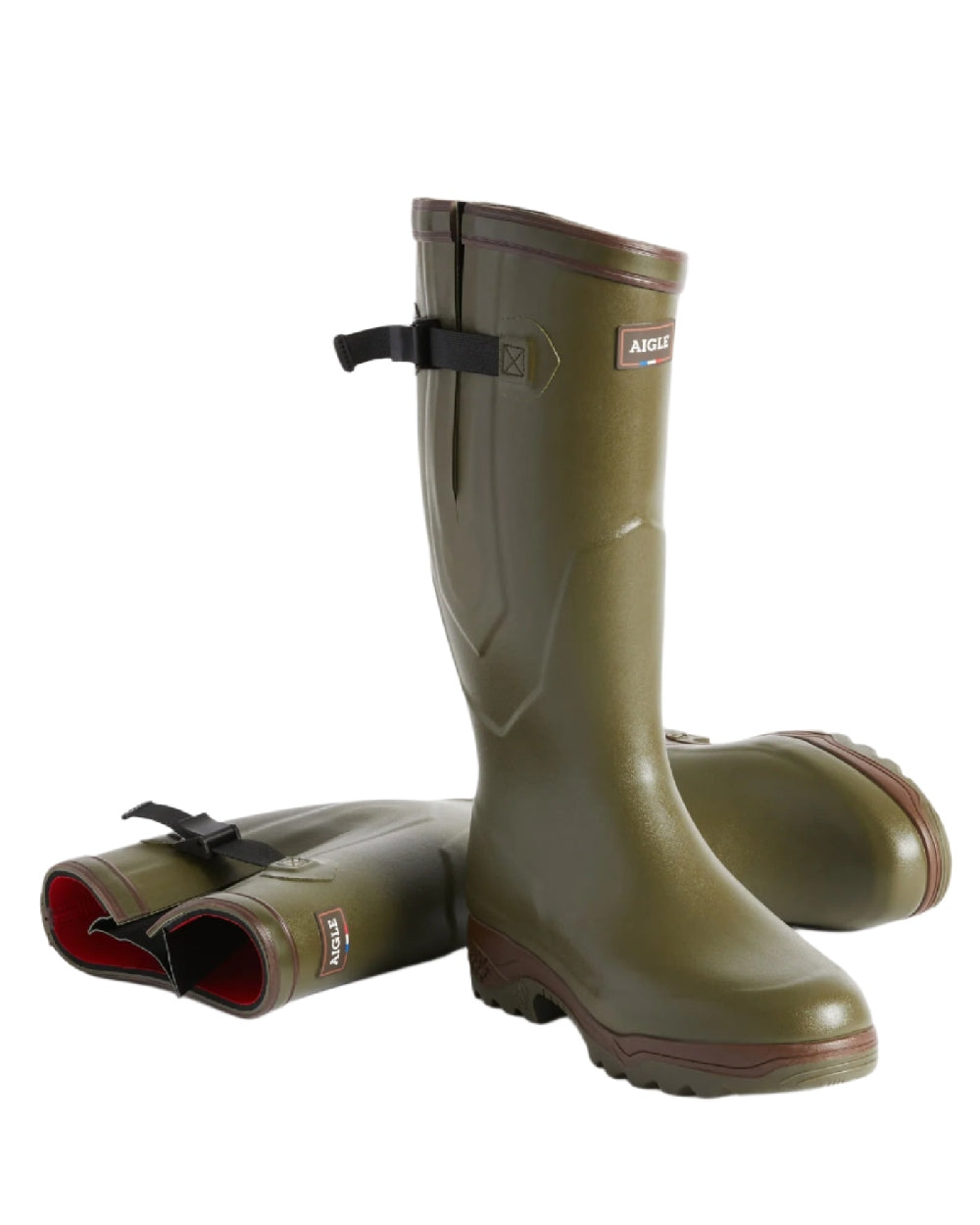 Kaki coloured Aigle Parcours 2 ISO Wellington Boots on white background
