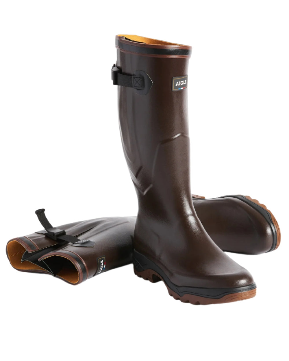 Brun coloured Aigle Parcours 2 Vario Wellington Boots on white background