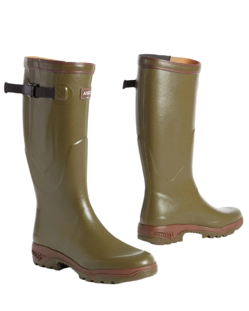 Kaki coloured Aigle Parcours 2 Vario Wellington Boots on white background