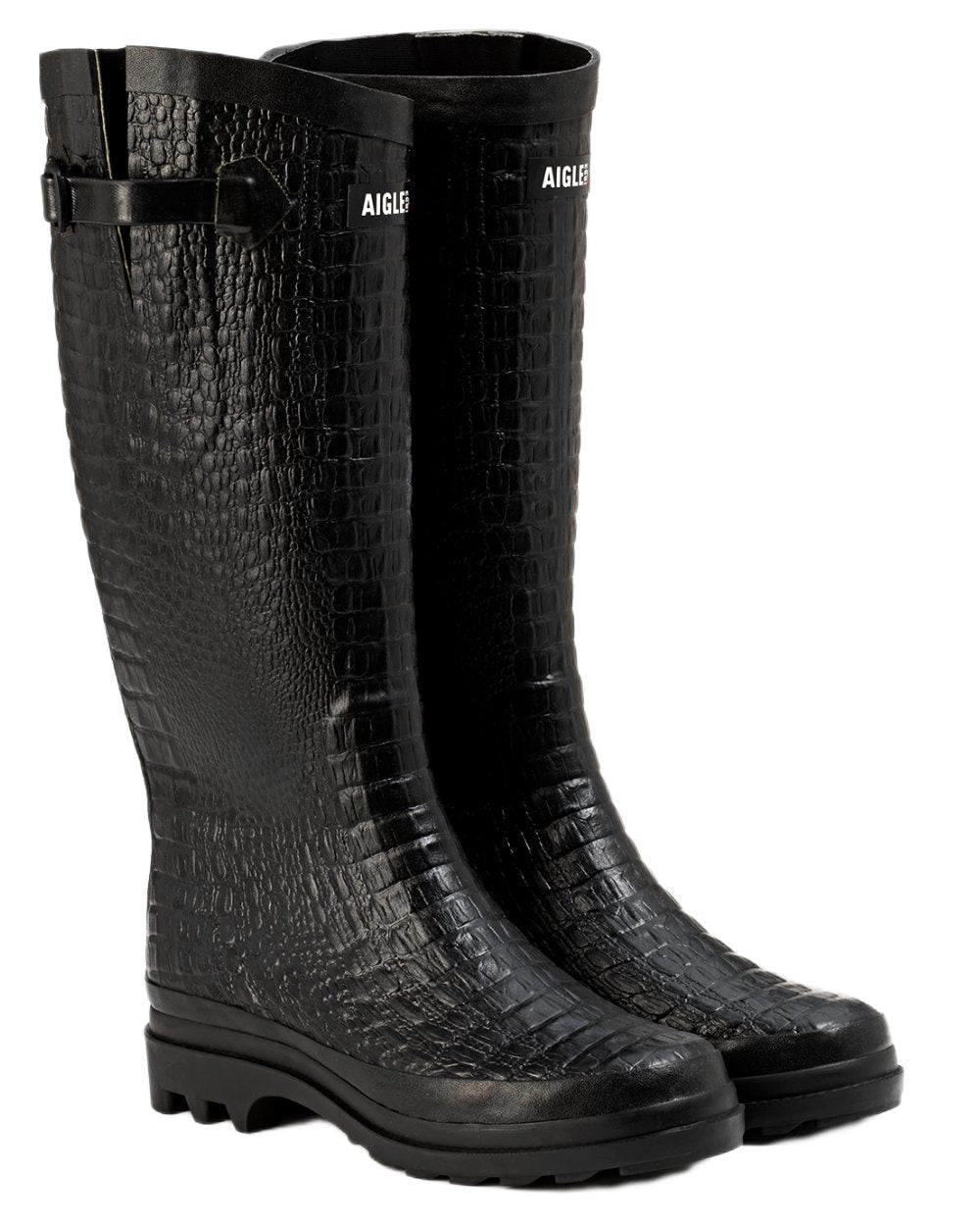 Noir coloured Aigle Womens Aiglentine 2 Crocodile Style Boots on white background