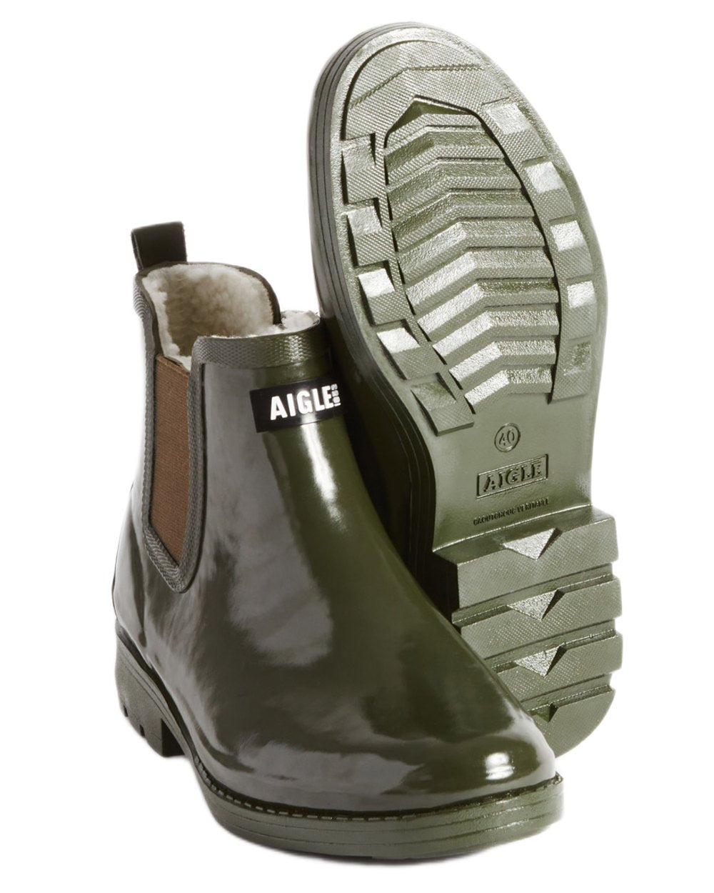 Khaki coloured Aigle Womens Carville Fur 2 Ankle Rain Boots on white background
