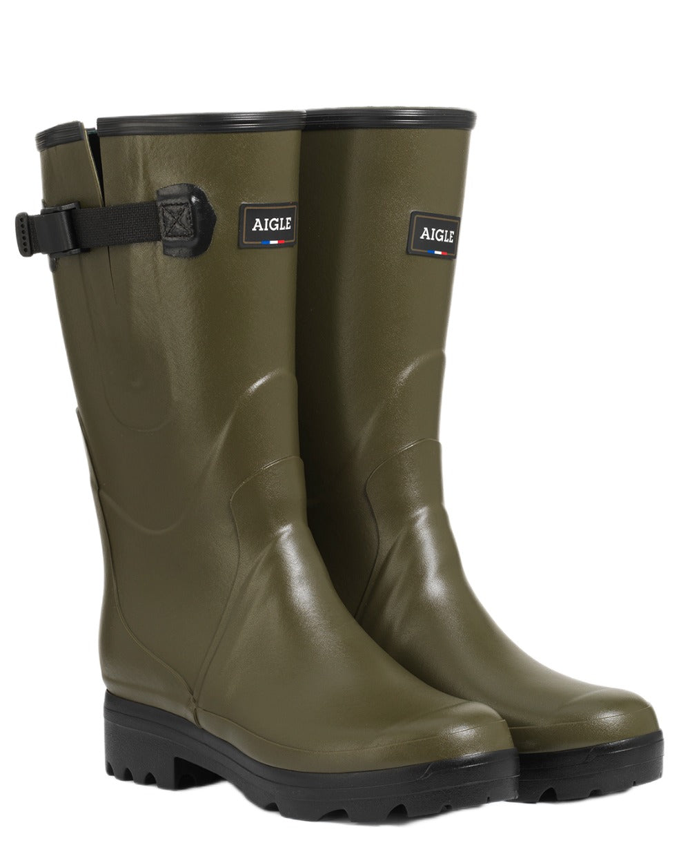 Khaki coloured Aigle Womens Chambord Var Wellingtons on white background