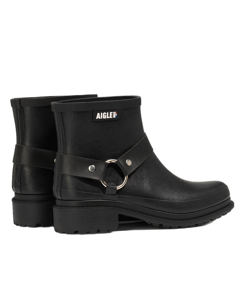 Noir coloured Aigle Womens Macadames Short Wellington Boots on white background