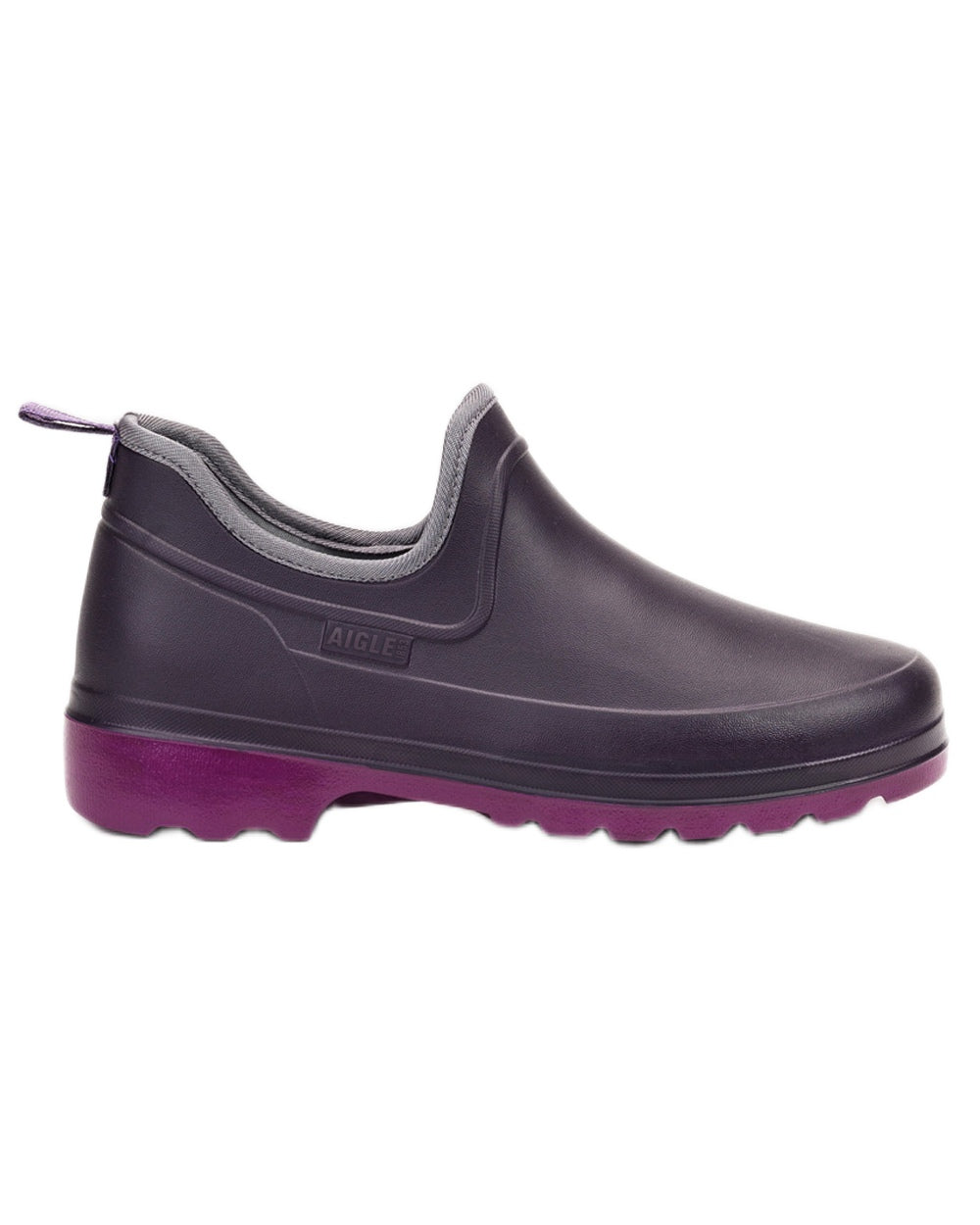 Aubergine Dahlia coloured Aigle Womens Taden Plus 2 Ultra Light Closed Clogs on white background