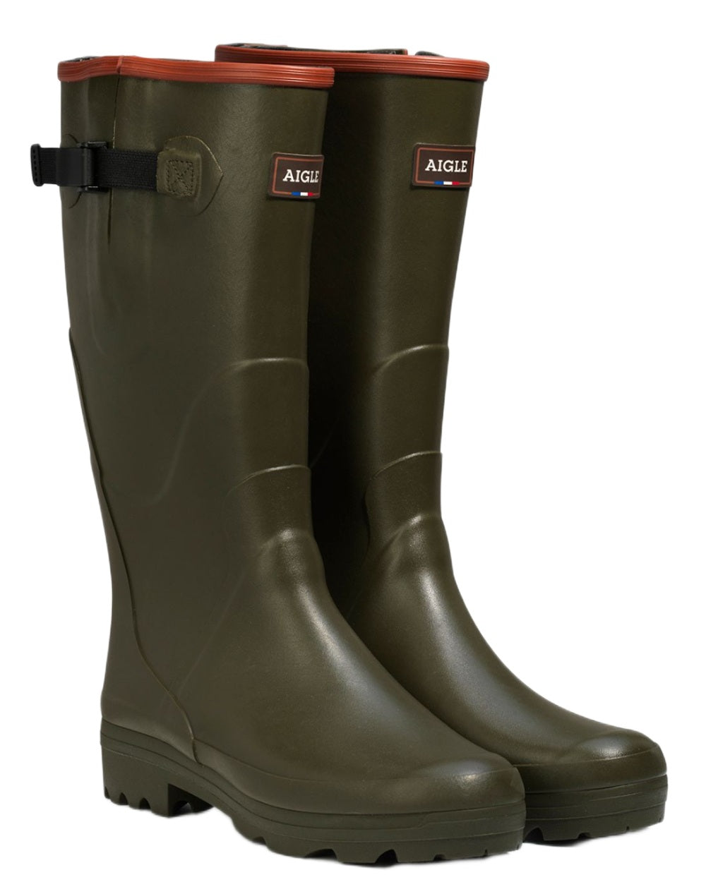 Khaki coloured Aigle Mens Chambord Adjustable Wellingtons on white background