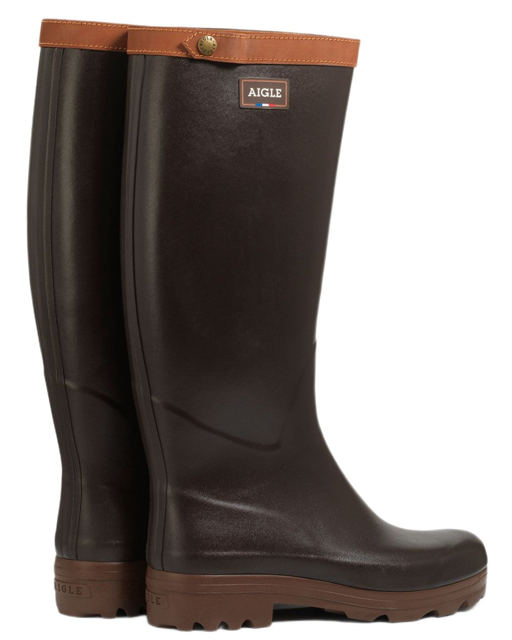Brun coloured Aigle Mens Chambord Leather Lined Work Wellingtons on white background