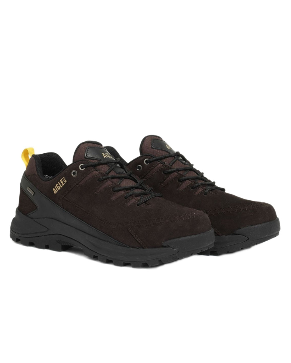 Expresso coloured Aigle Mens Plutno MTDL Hiking Shoes on white background