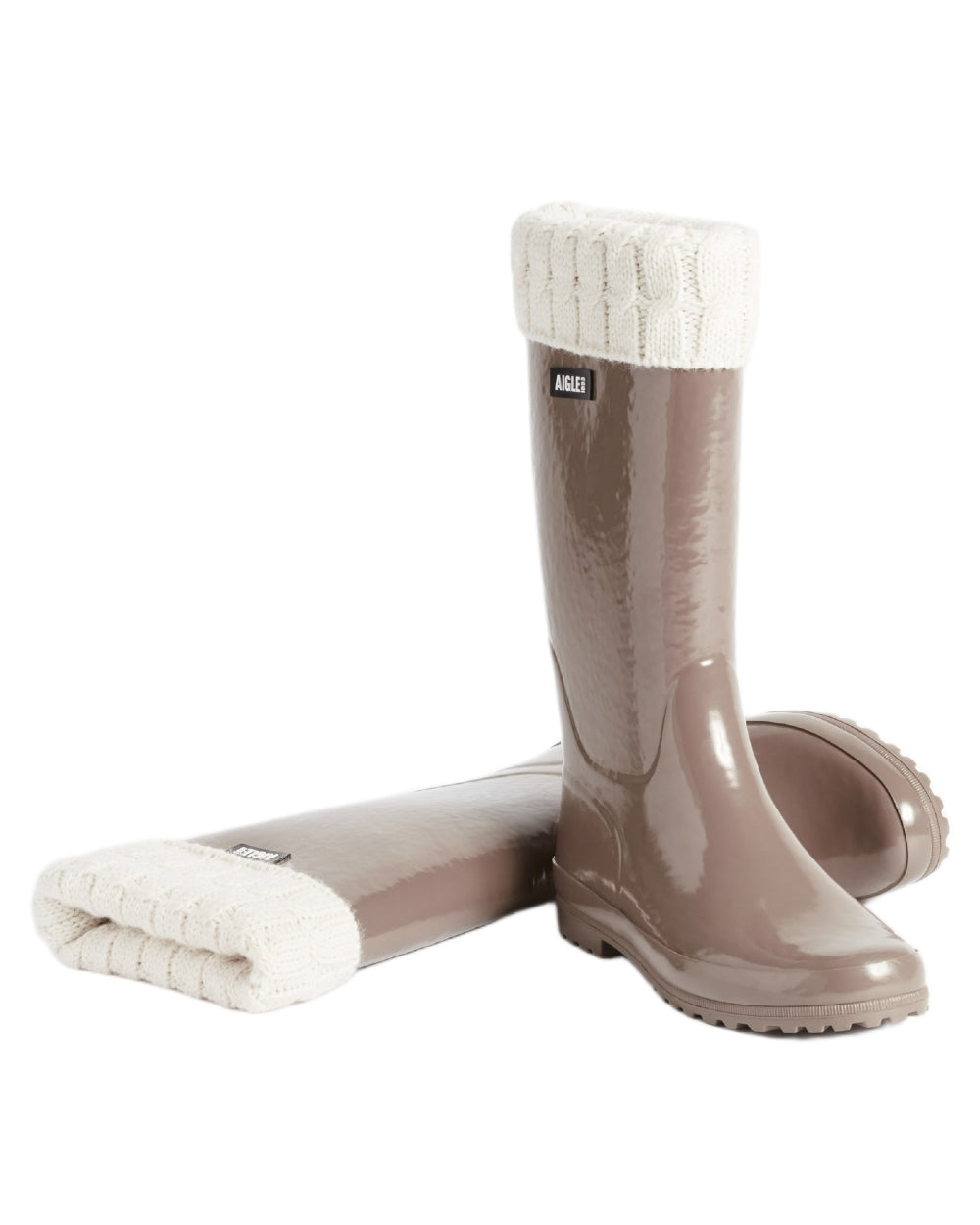 Chestnut coloured Aigle Womens Eliosa Fur Lined Wellingtons on white background