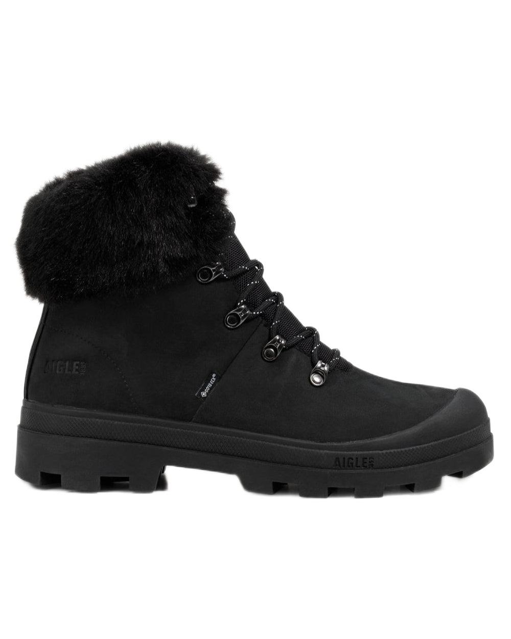 Noir coloured Aigle Womens Tenere GTX Fur Lined Hiking Boots on white background