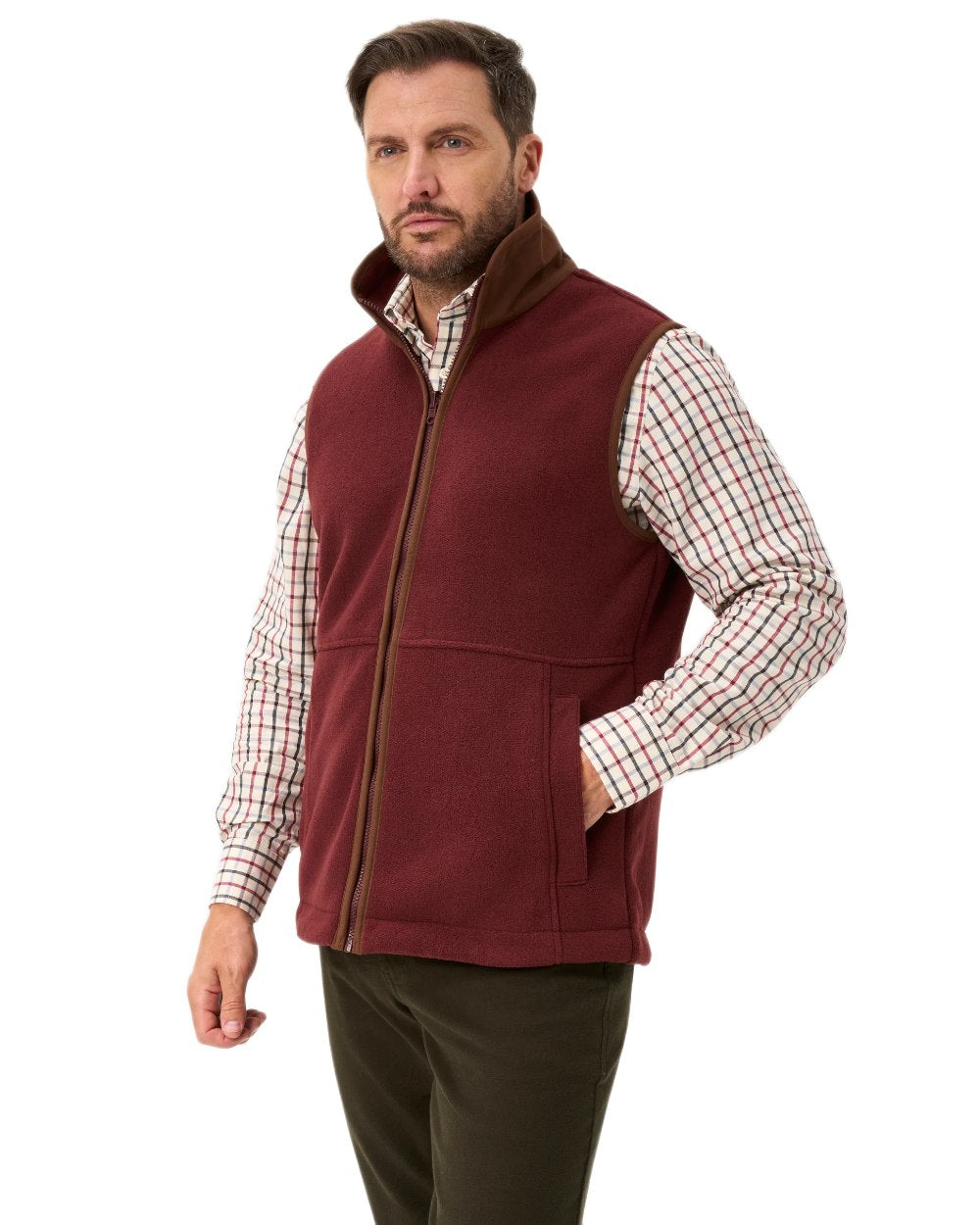 Bordeaux coloured Alan Paine Aylsham Fleece Gilet on white background