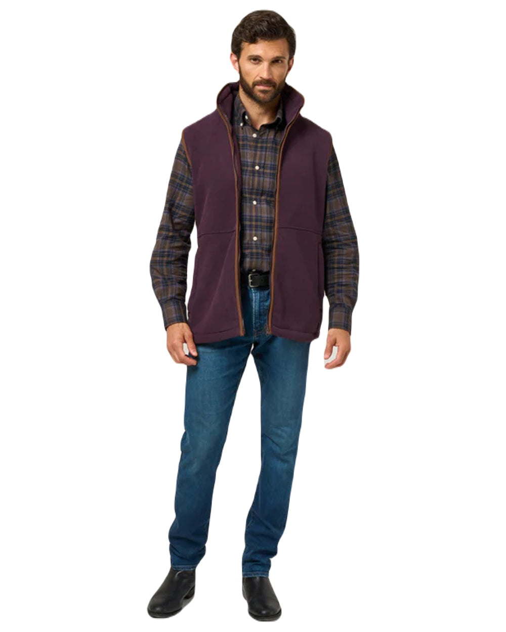 Plum coloured Alan Paine Aylsham Fleece Gilet on white background