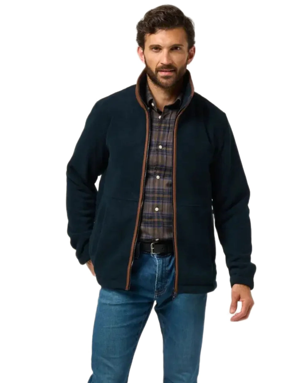 Dark Navy Coloured Alan Paine Aylsham Fleece Jacket On A White Background