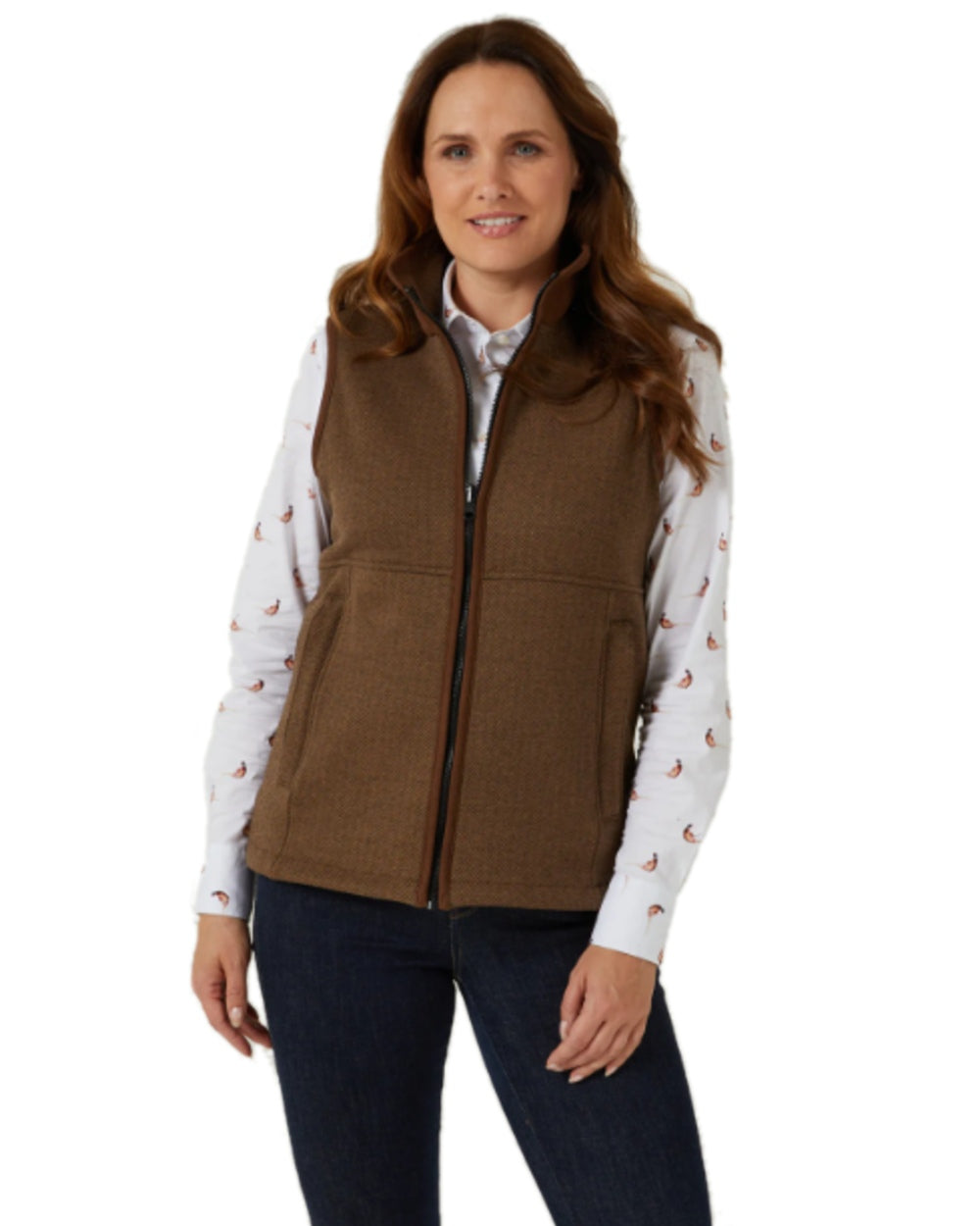 Brown Herringbone Coloured Alan Paine Aylsham Ladies Fleece Gilet on white background