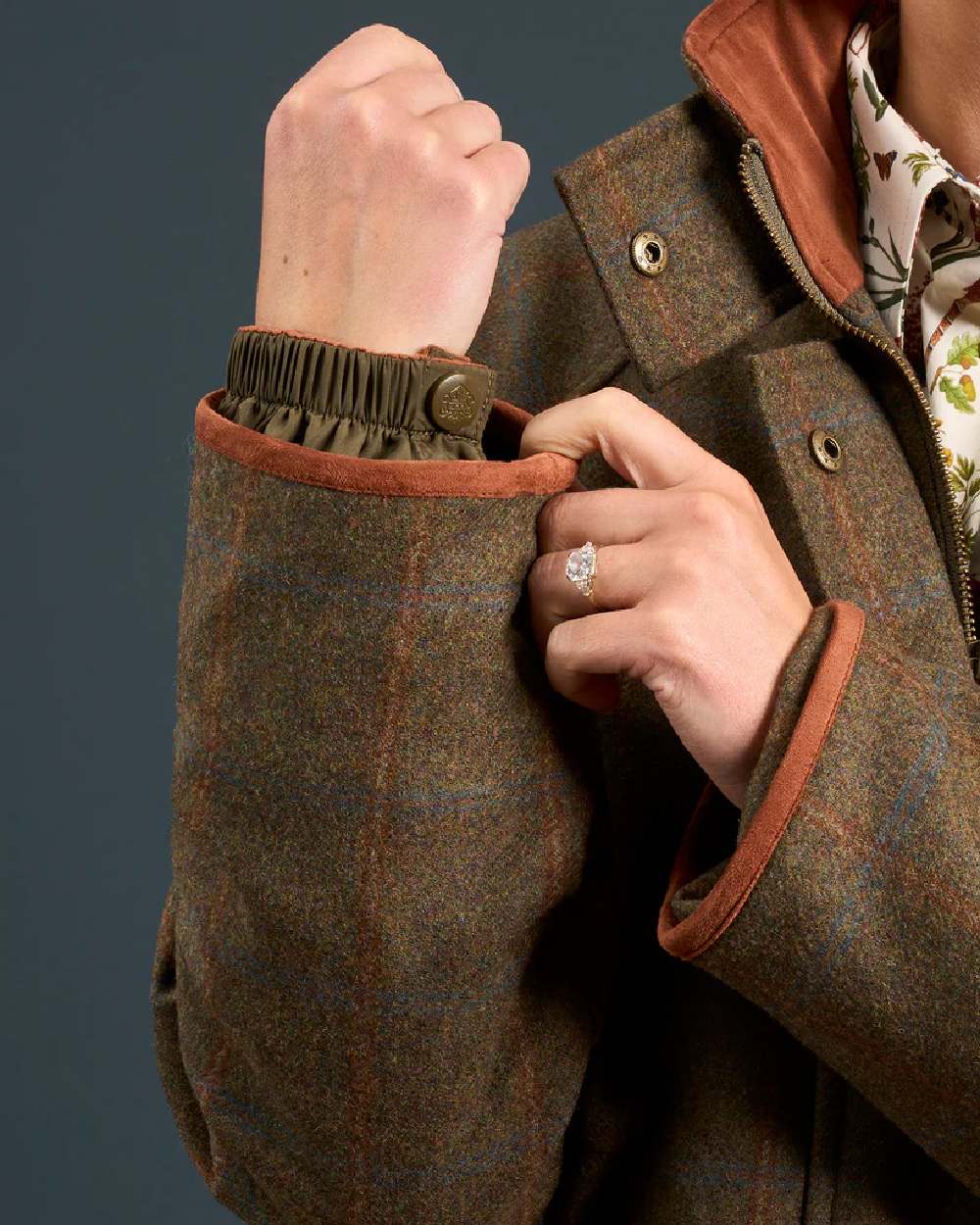 Willow coloured Alan Paine Combrook Ladies Tweed Coat on indoor background