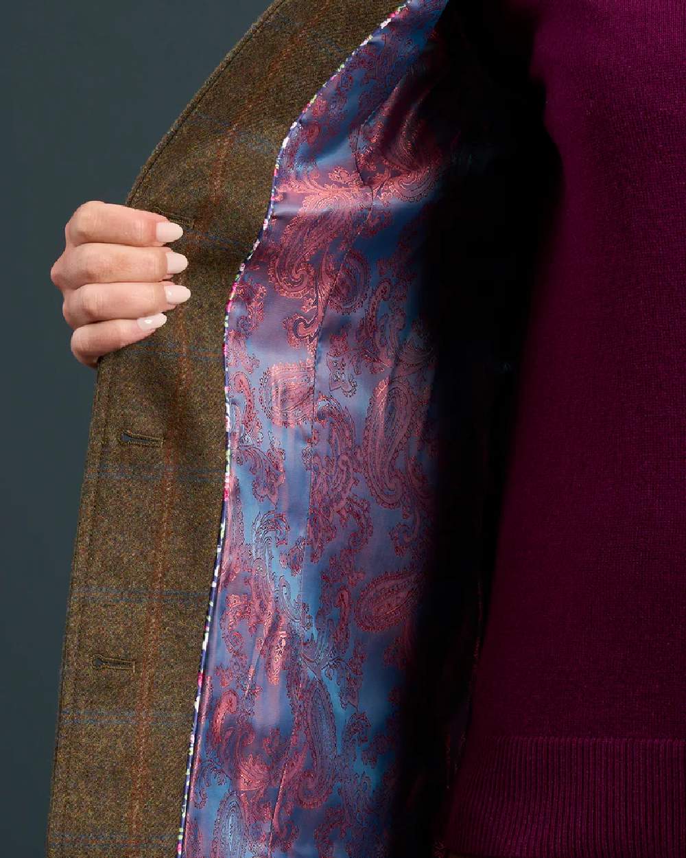 Willow coloured Alan Paine Combrook Ladies Tweed Shooting Waistcoat on indoor background