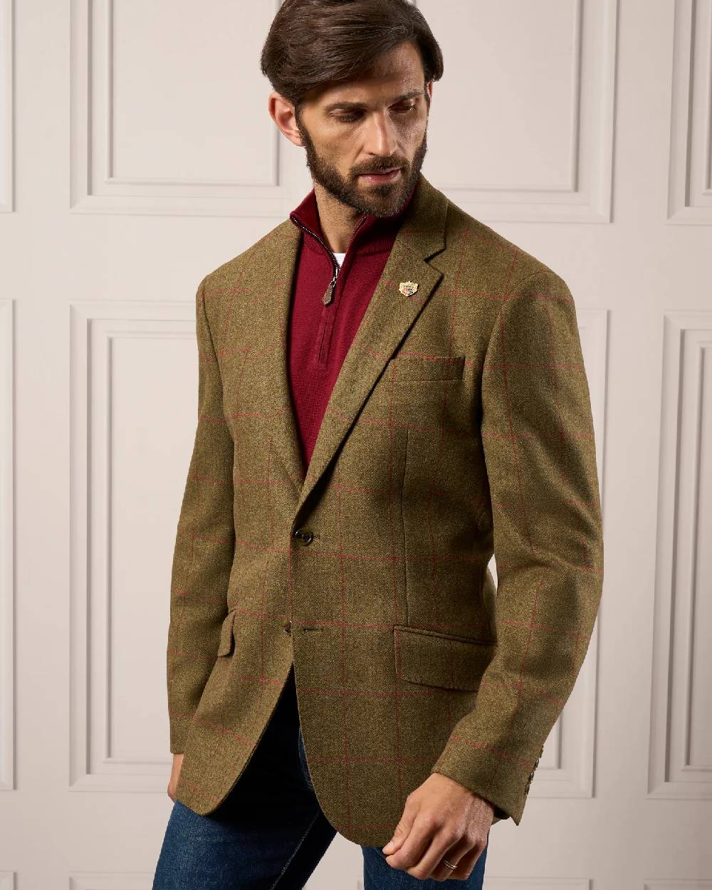 Sage coloured Alan Paine Combrook Mens Tweed Sports Blazer on indoor background