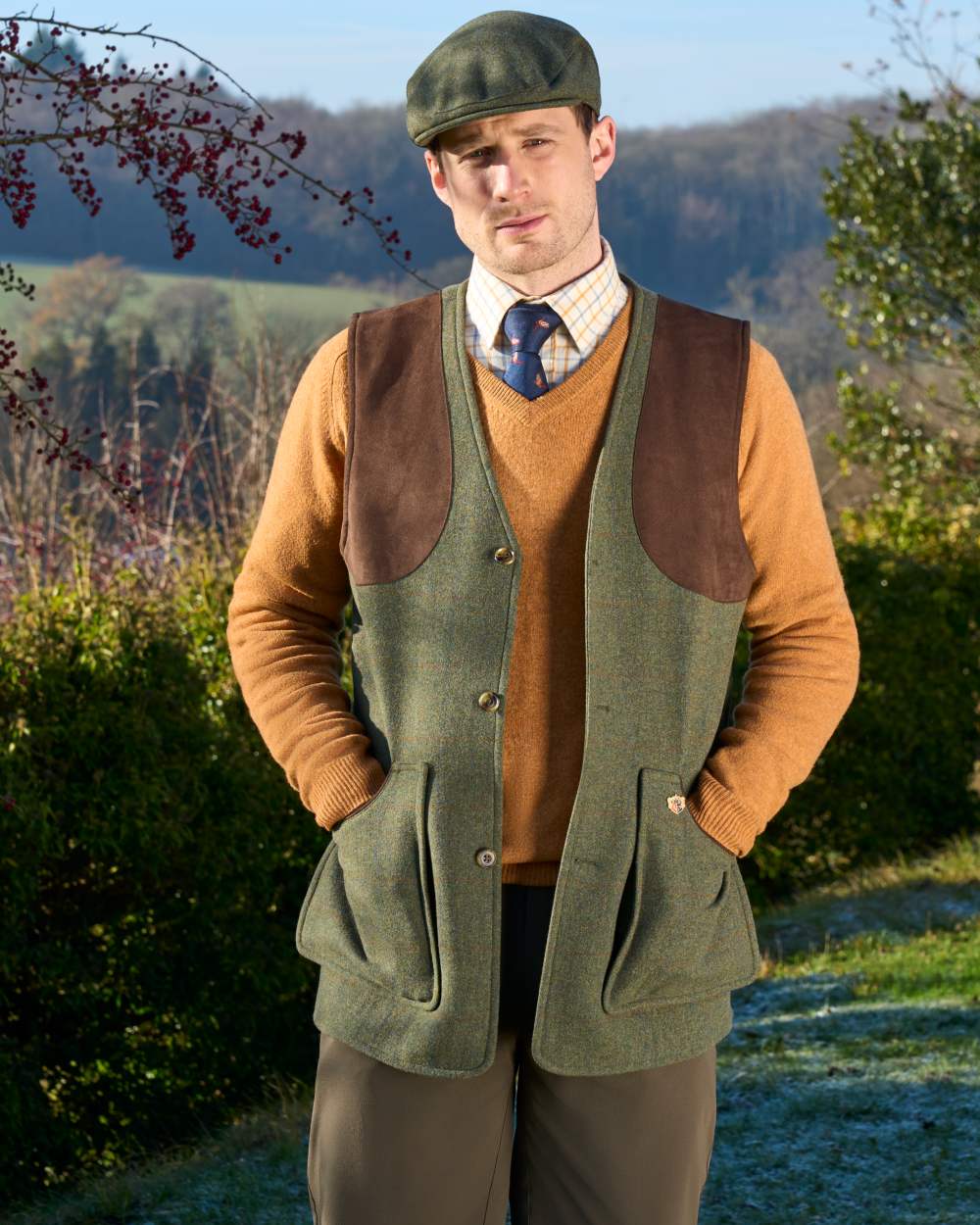 Mariner coloured Alan Paine Combrook Tweed Shooting Waistcoat on forest background