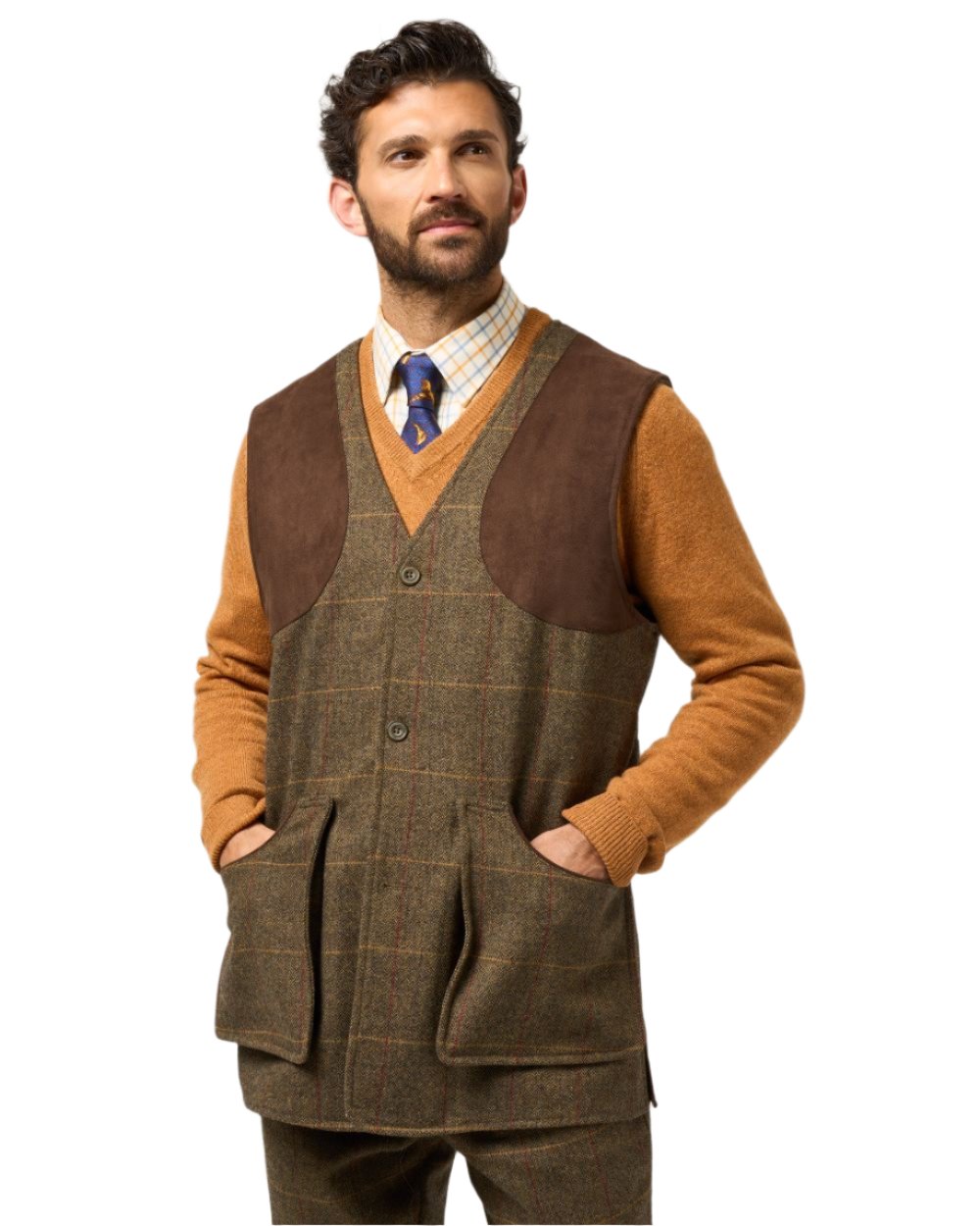 Teak coloured Alan Paine Combrook Tweed Shooting Waistcoat on white background