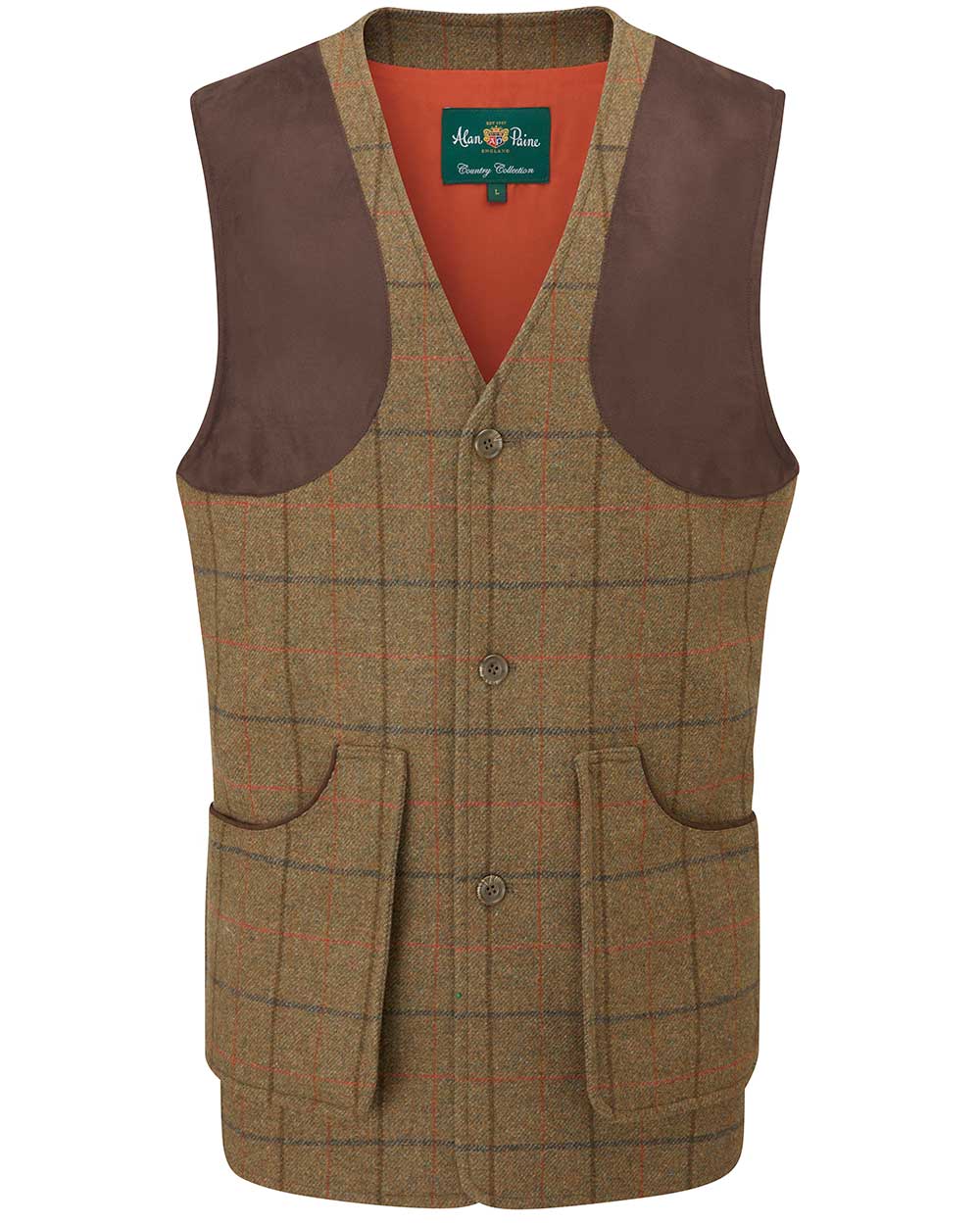 Thyme coloured Alan Paine Combrook Tweed Shooting Waistcoat on white background