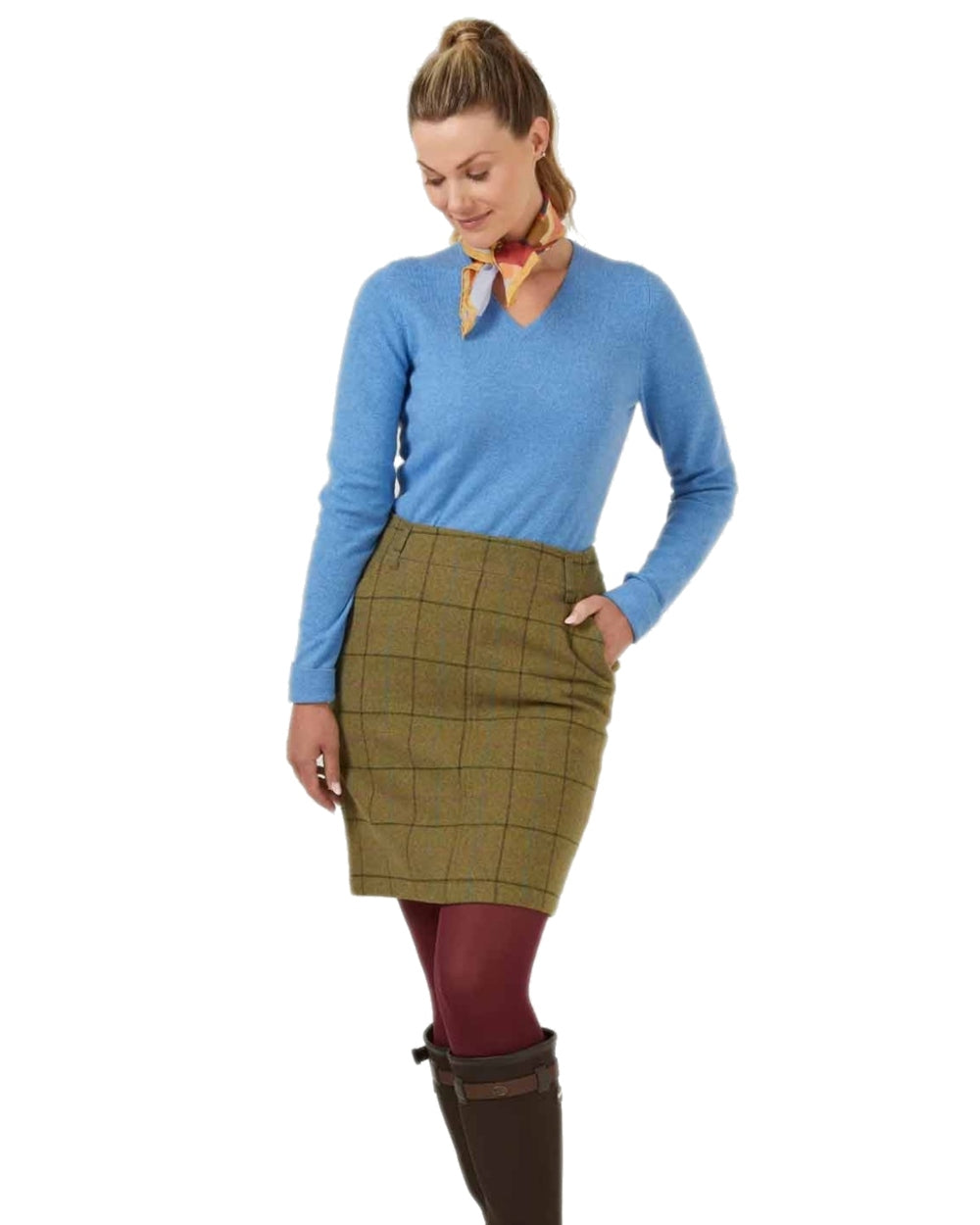 Lotus Coloured Alan Paine Combrook Tweed Skirt on white background