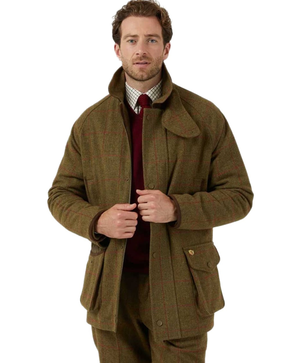 Sage coloured Alan Paine Combrook Tweed Waterproof Coat on white background