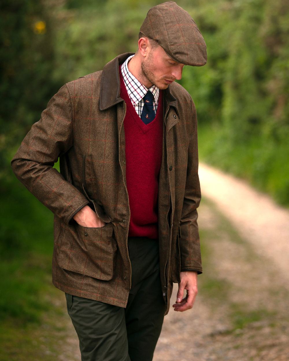 Oak Coloured Alan Paine Didsmere Mens Technical Tweed Coat on outdoor background