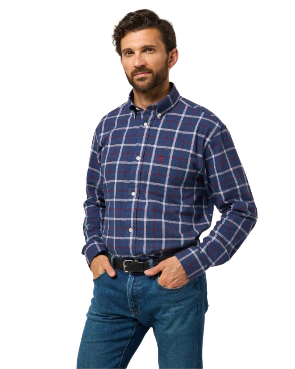 Blue coloured Alan Paine Ilkley Flannel Button Down Collar Shirt on white background