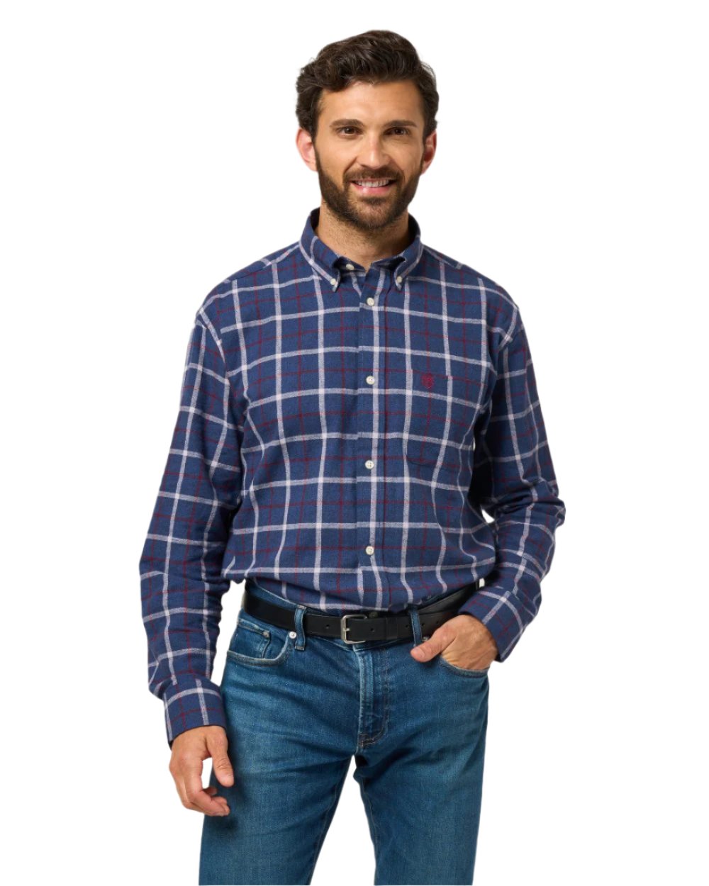 Blue coloured Alan Paine Ilkley Flannel Button Down Collar Shirt on white background