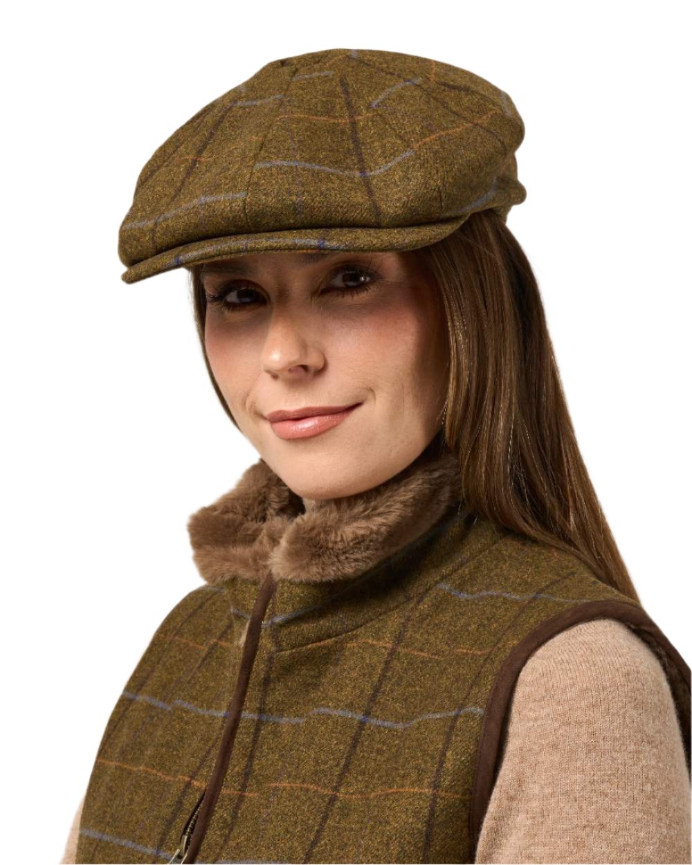 Hazel coloured Alan Paine Ladies Combrook Tweed Cap on white background