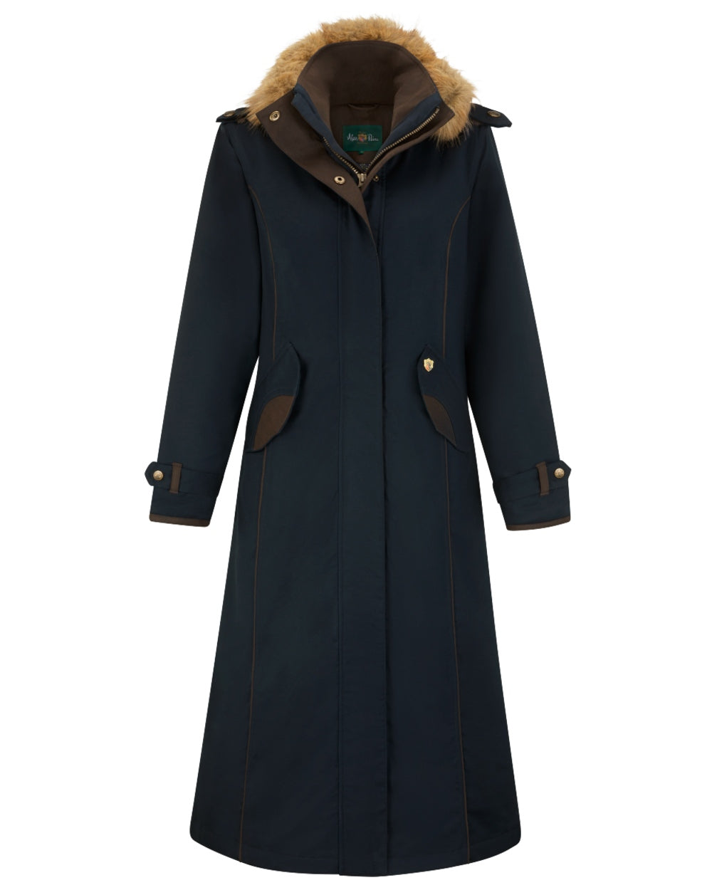 Dark Navy coloured Alan Paine Ladies Dunswell Waterproof Long Coat on white background