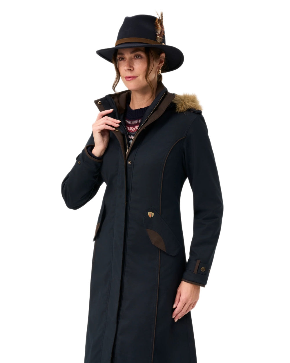 Dark Navy coloured Alan Paine Ladies Dunswell Waterproof Long Coat on white background