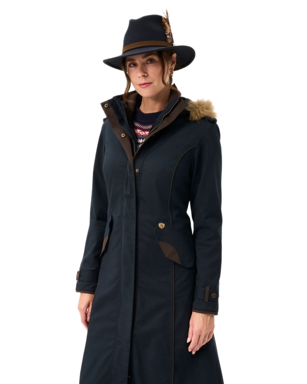 Dark Navy coloured Alan Paine Ladies Dunswell Waterproof Long Coat on white background