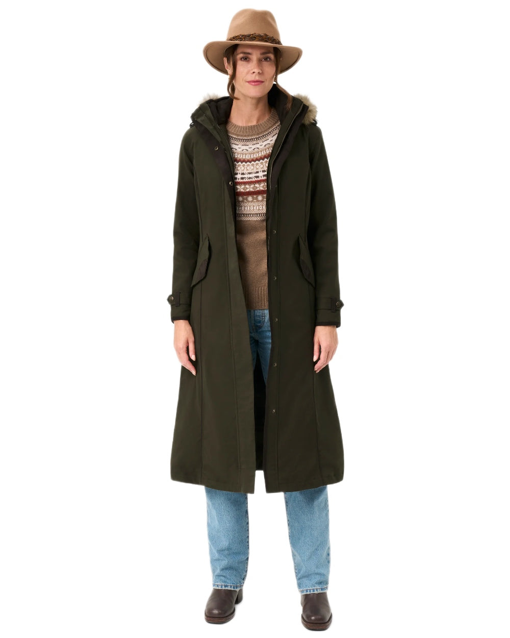 Olive coloured Alan Paine Ladies Dunswell Waterproof Long Coat on white background